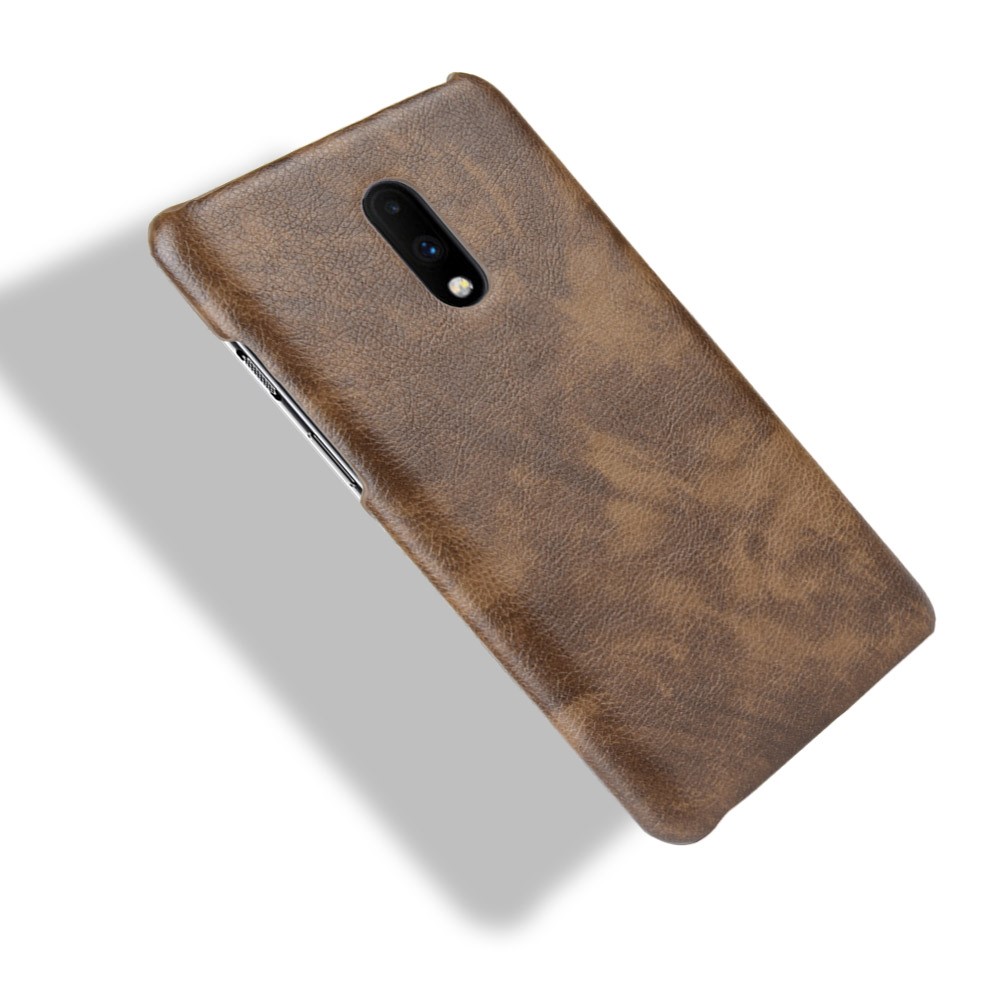 Litchi Pele Revestido De Couro Rígido PC Case Para Oneplus 7 - Café-4