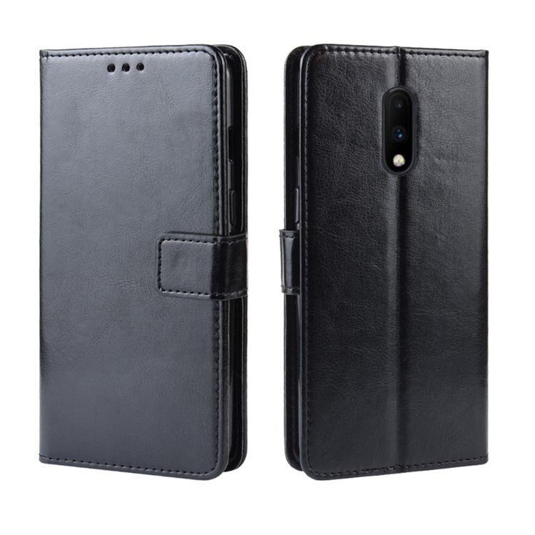 Carteira De Couro De Cavalo Louco Para Oneplus 7 - Preto-2