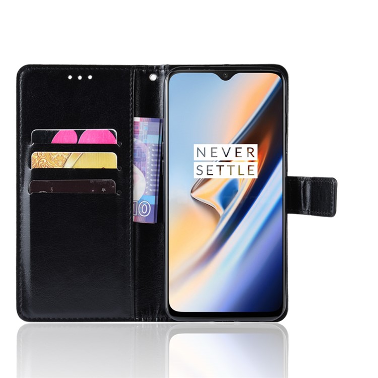 Carteira De Couro De Cavalo Louco Para Oneplus 7 - Preto-5