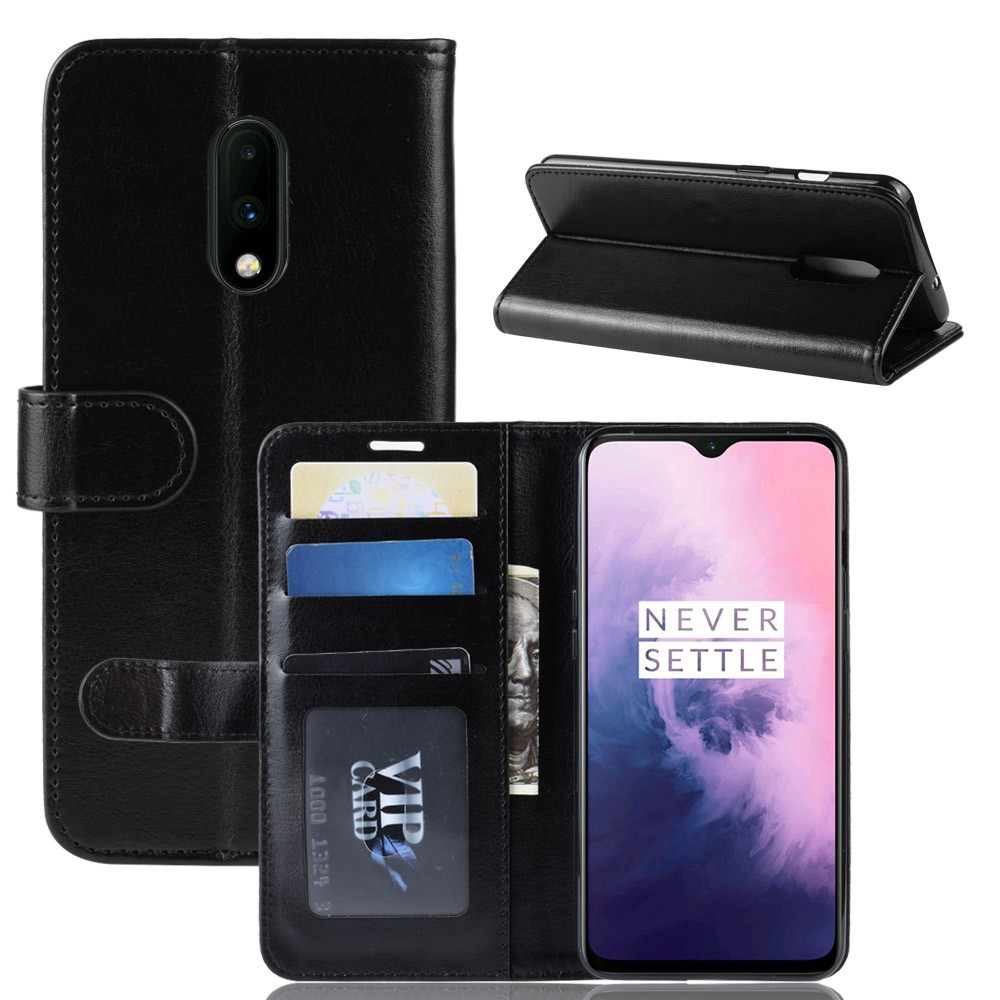 Cavalo Louco PU Couro Stand Wallet Flip Invólucro Para Oneplus 7 - Preto-1