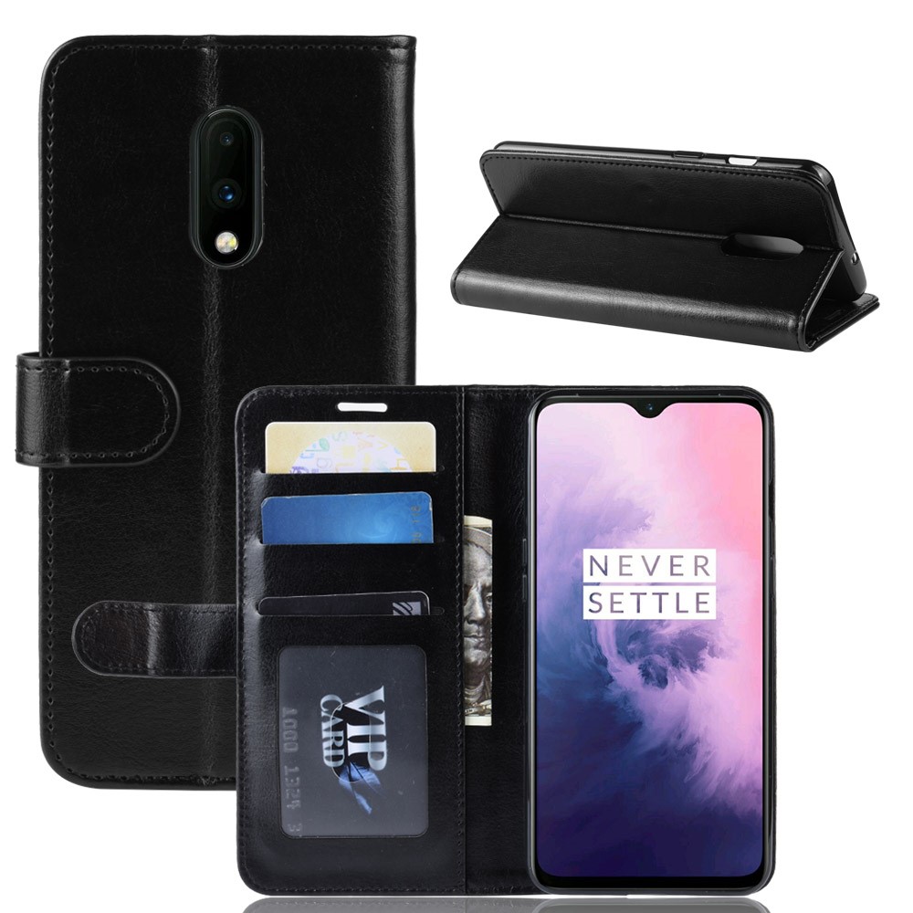 Crazy Horse PU Leder Stand Wallet Flip Case Für OnePlus 7 - Schwarz