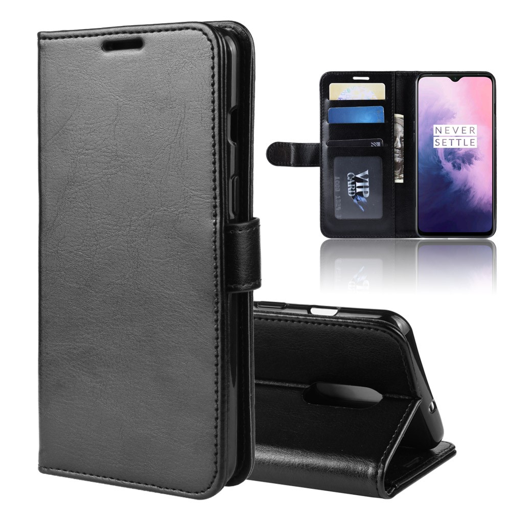Cavalo Louco PU Couro Stand Wallet Flip Invólucro Para Oneplus 7 - Preto-2