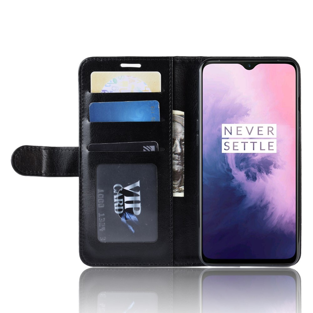 Crazy Horse PU Leder Stand Wallet Flip Case Für OnePlus 7 - Schwarz