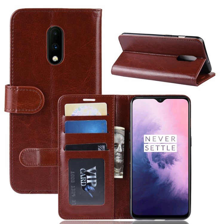 Crazy Horse PU Leather Stand Wallet Flip Casing for OnePlus 7 - Brown-1