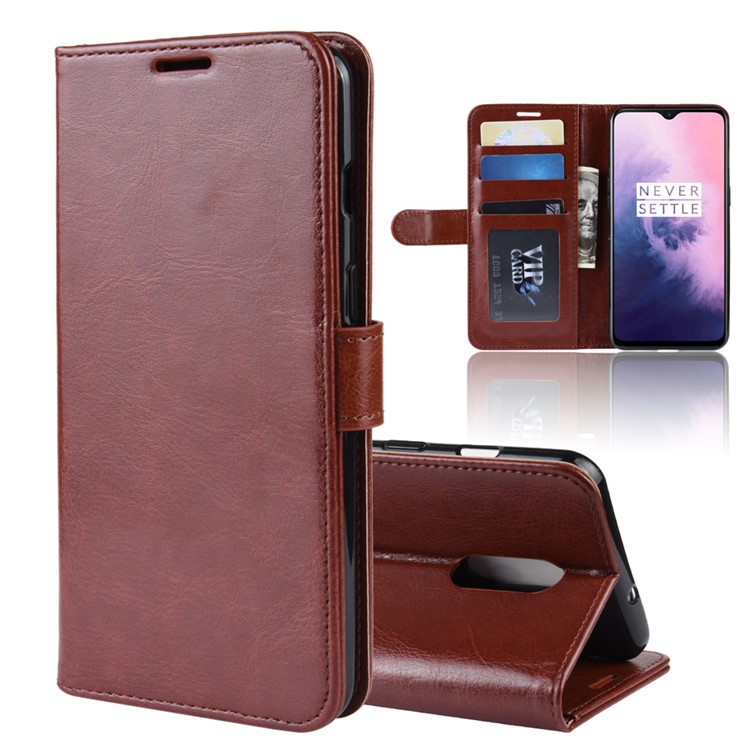 Crazy Horse PU Leather Stand Wallet Flip Casing for OnePlus 7 - Brown-2