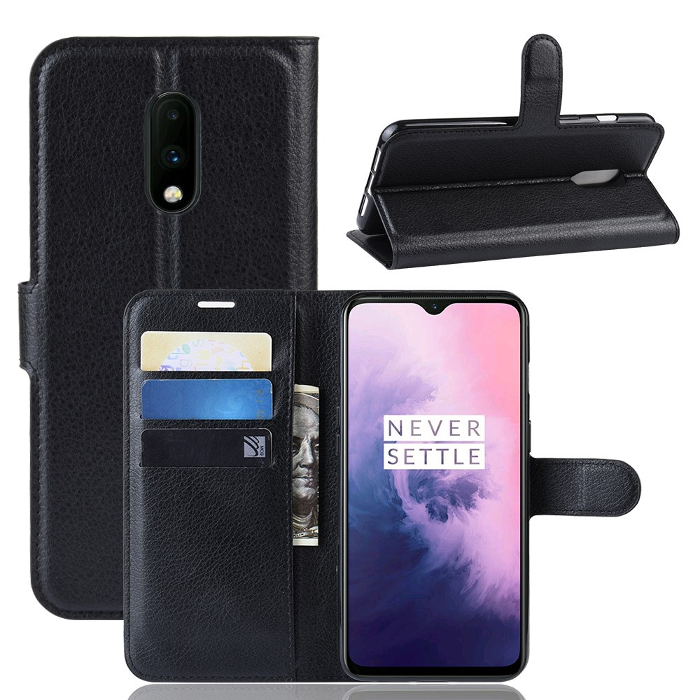 Litchi Texture Stand Stand Leather Protection Case Para OnePlus 7 - Preto