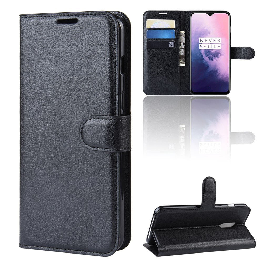 Litchi Texture Wallet Stand Leather Protective Phone Case for OnePlus 7 - Black-2