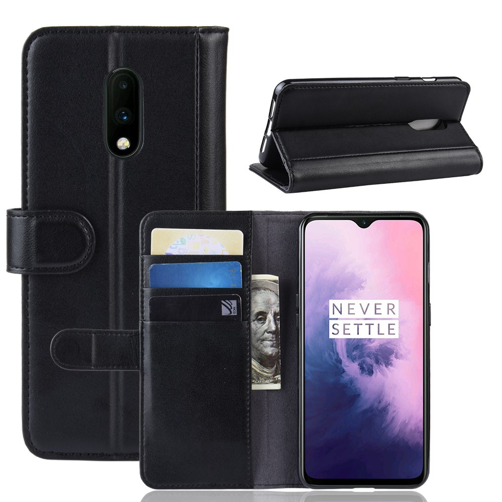 Cubierta de Teléfono de la Billetera de Cuero de Cuero Dividido Genuino Para OnePlus 7 - Negro