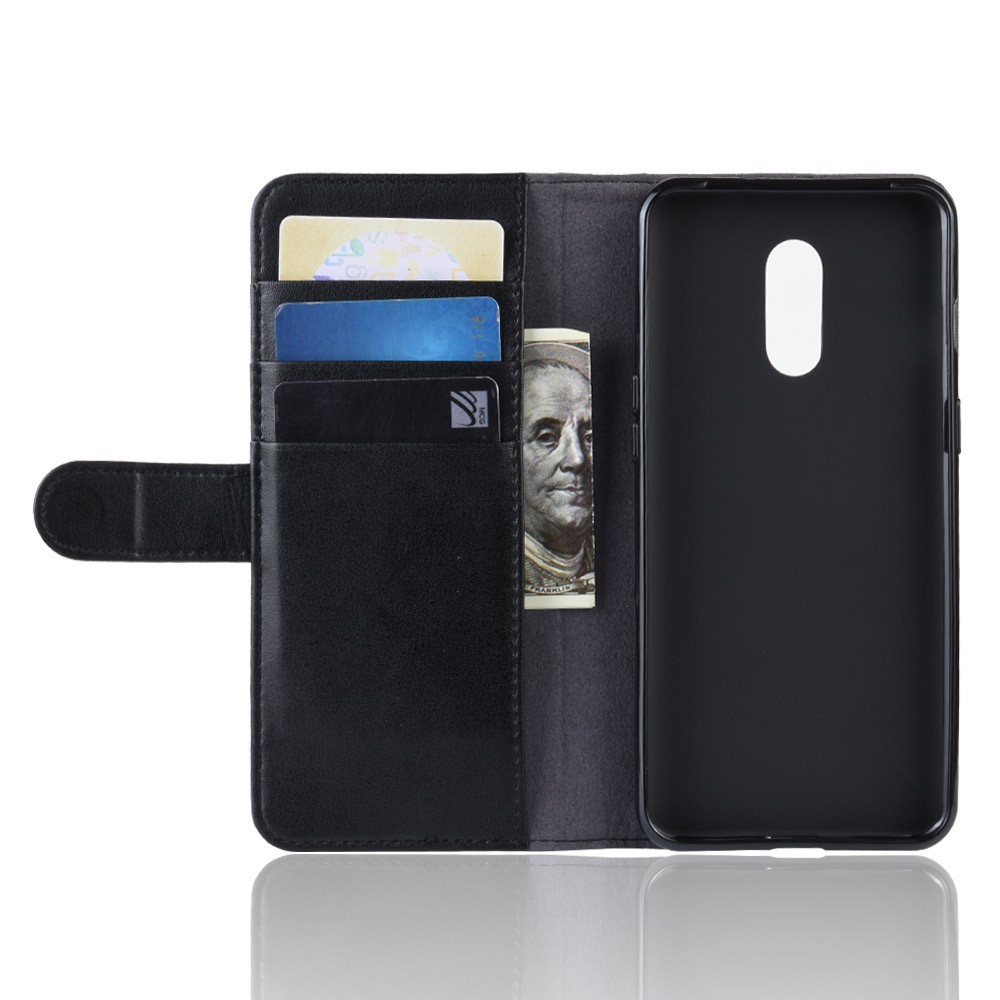 Cubierta de Teléfono de la Billetera de Cuero de Cuero Dividido Genuino Para OnePlus 7 - Negro