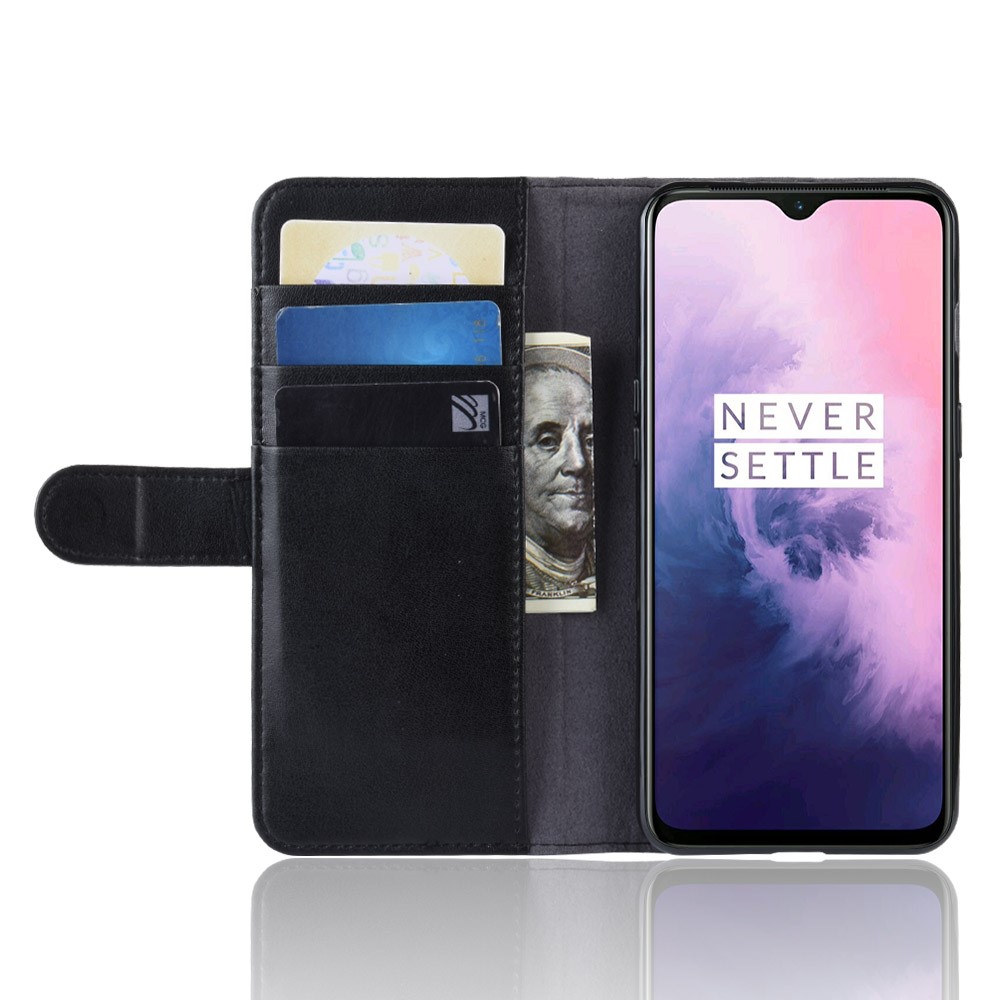 Couvercle de Téléphone de Portefeuille en Cuir Divisé Authentique Pour OnePlus 7 - le Noir