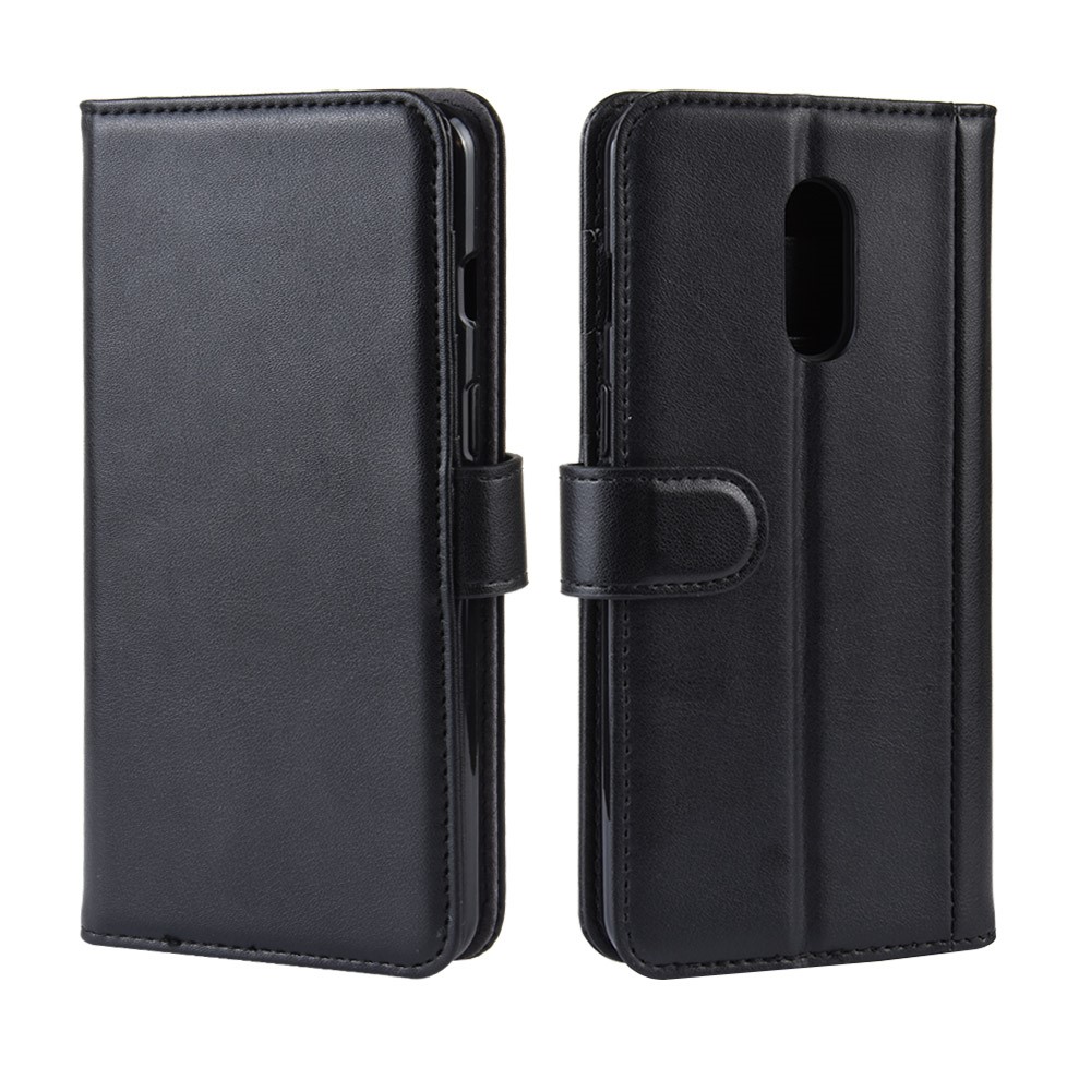 Cubierta de Teléfono de la Billetera de Cuero de Cuero Dividido Genuino Para OnePlus 7 - Negro