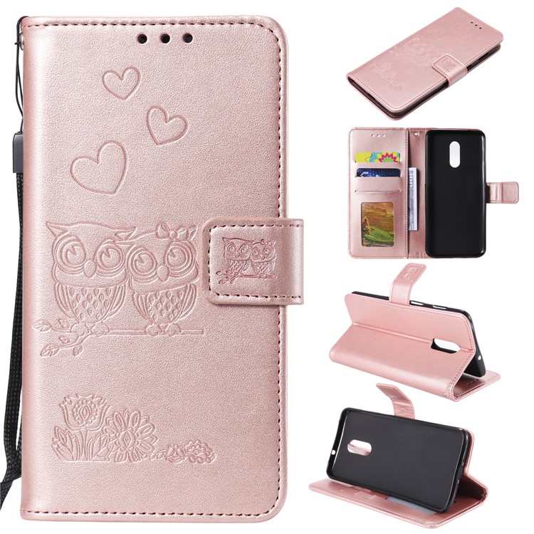 Imprint Owl Magnetic Wallet PU Leather Stand Cover for OnePlus 7 - Rose Gold-1