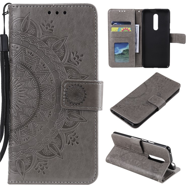 Imprint Flower Leather Wallet Case for OnePlus 7 Pro - Grey-1