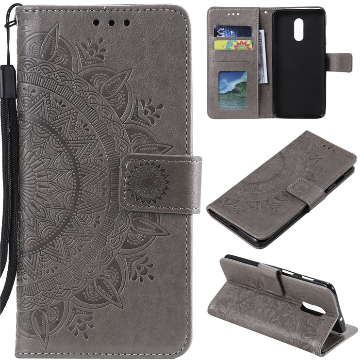 Imprint Flower Leather Wallet Case for OnePlus 7 - Grey-1