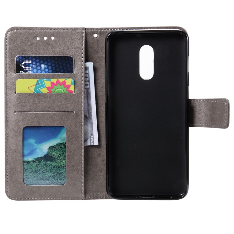 Imprint Flower Leather Wallet Case for OnePlus 7 - Grey-4