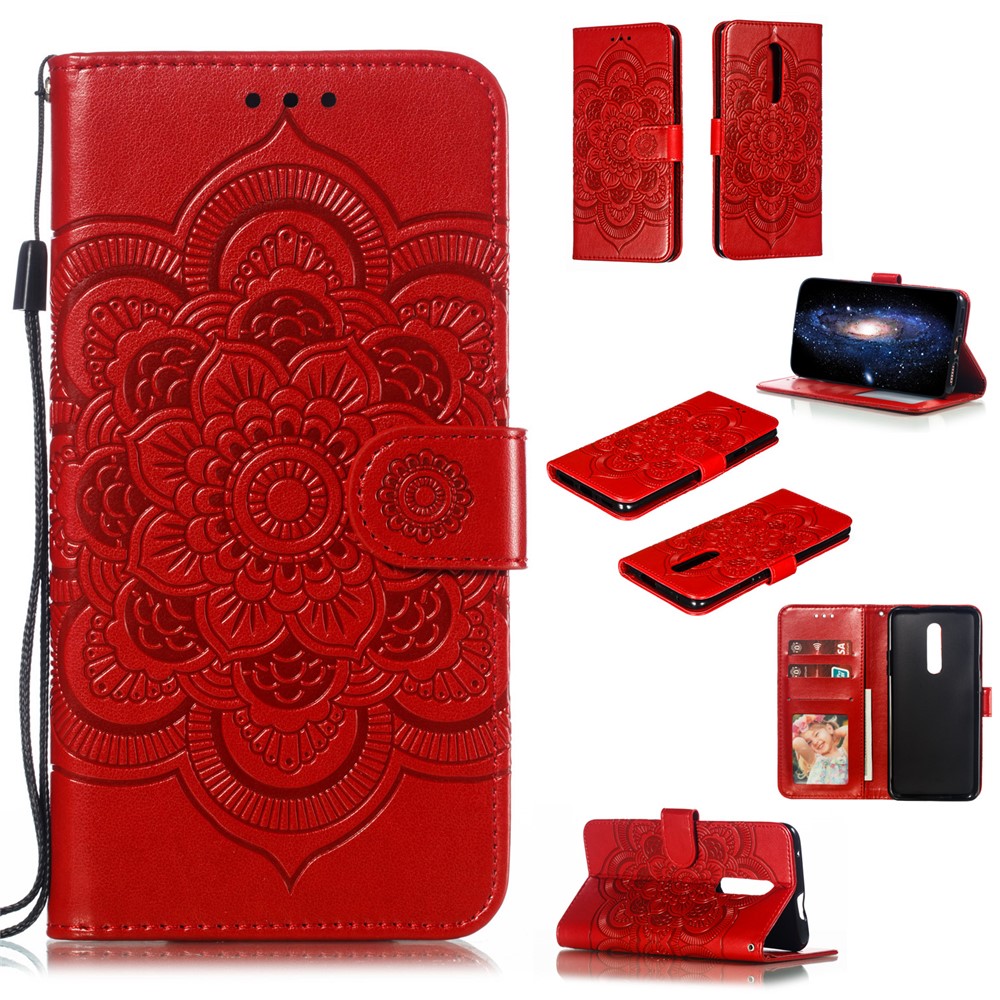 Imprint Mandala Flower Leather Wallet Case for OnePlus 7 Pro - Red-1