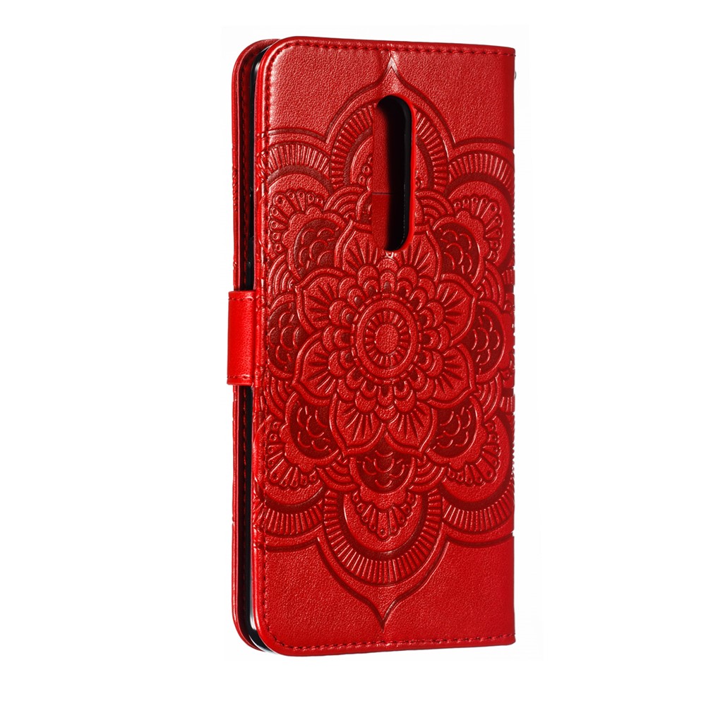 Imprint Mandala Flower Leather Wallet Case for OnePlus 7 Pro - Red-4