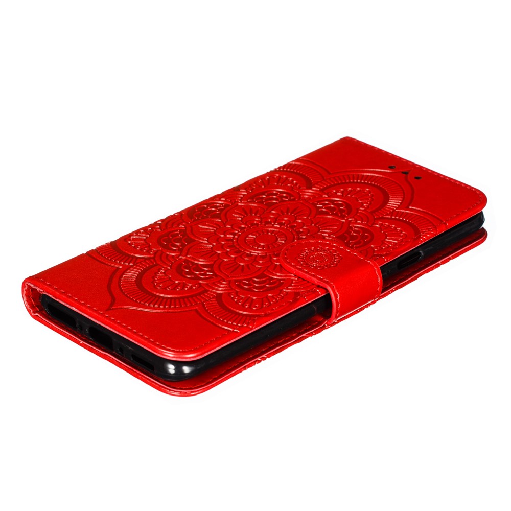 Imprint Mandala Flower Leather Wallet Case for OnePlus 7 Pro - Red-5