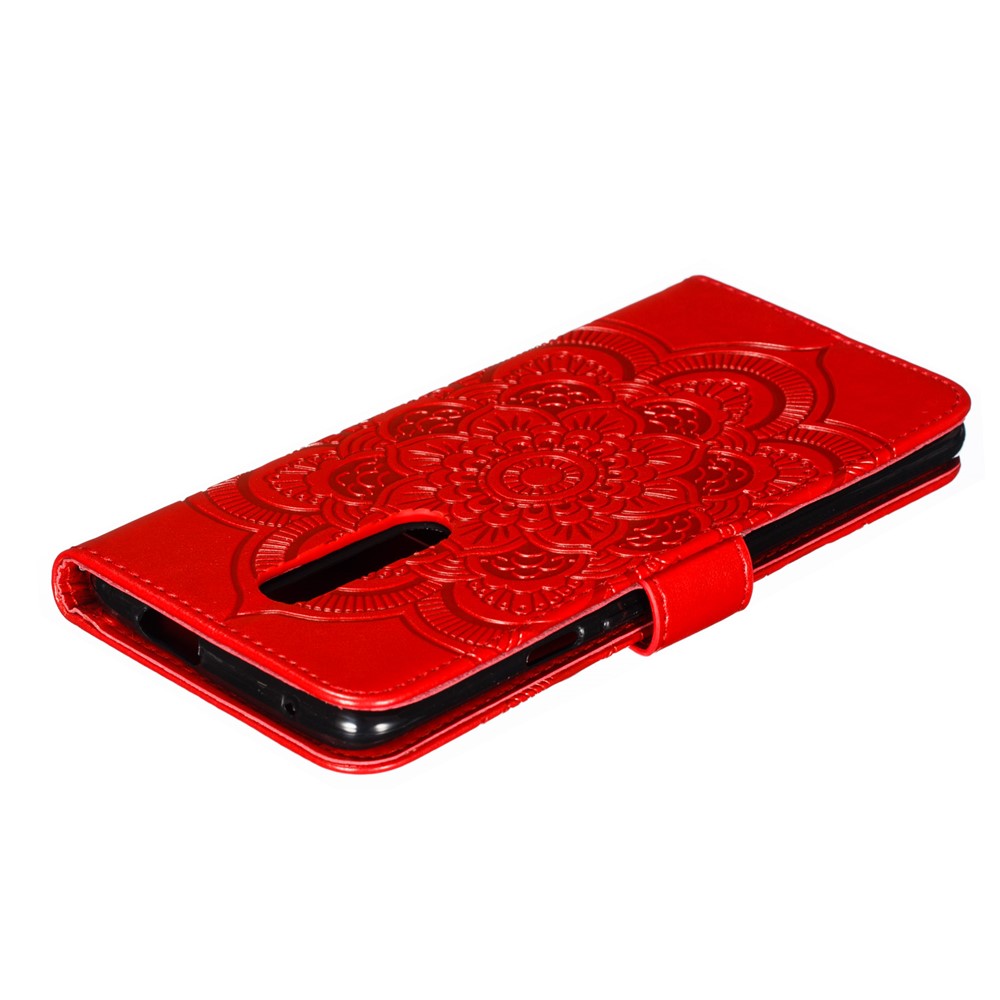 Imprint Mandala Flower Leather Wallet Case for OnePlus 7 Pro - Red-6