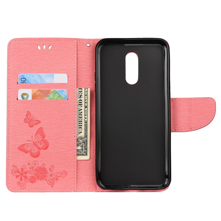 Imprint Butterfly Flower Leather Wallet Phone Shell for OnePlus 7 - Pink-3