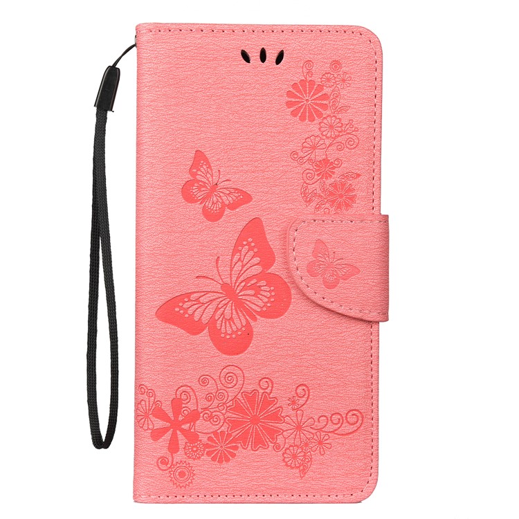 Imprint Butterfly Flower Leather Wallet Casing for OnePlus 7 Pro - Pink-1