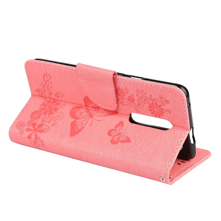 Imprint Butterfly Flower Leather Wallet Casing for OnePlus 7 Pro - Pink-6