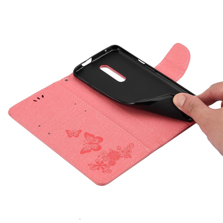 Imprint Butterfly Flower Leather Wallet Casing for OnePlus 7 Pro - Pink-8