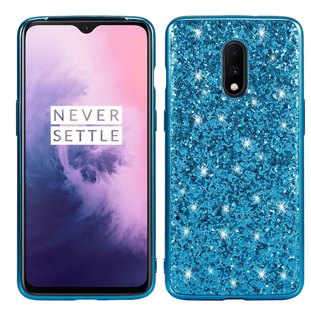 Shiny Sequins Electroplating TPU Frame+PC Phone Protective Case Cover for OnePlus 7 - Cyan-1