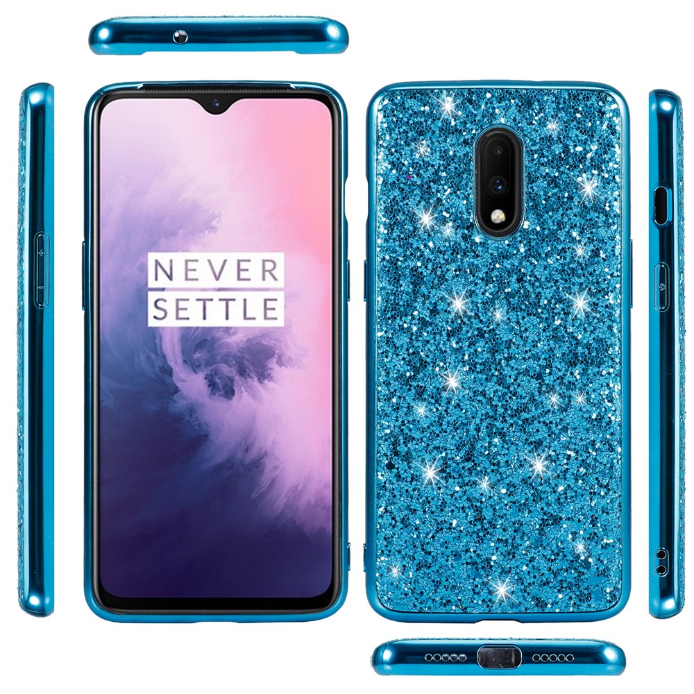 Shiny Sequins Electroplating TPU Frame+PC Phone Protective Case Cover for OnePlus 7 - Cyan-2