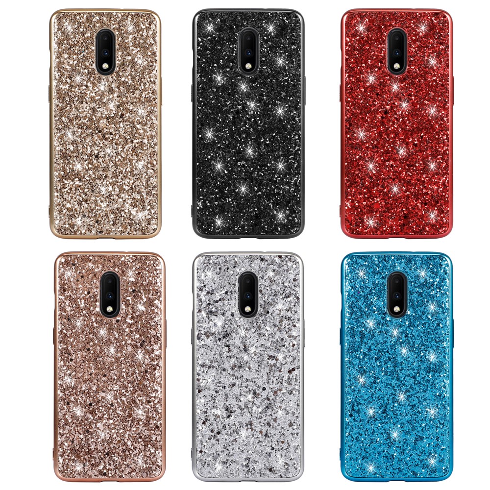 Shiny Sequins Electroplating TPU Frame+PC Phone Protective Case Cover for OnePlus 7 - Cyan-7