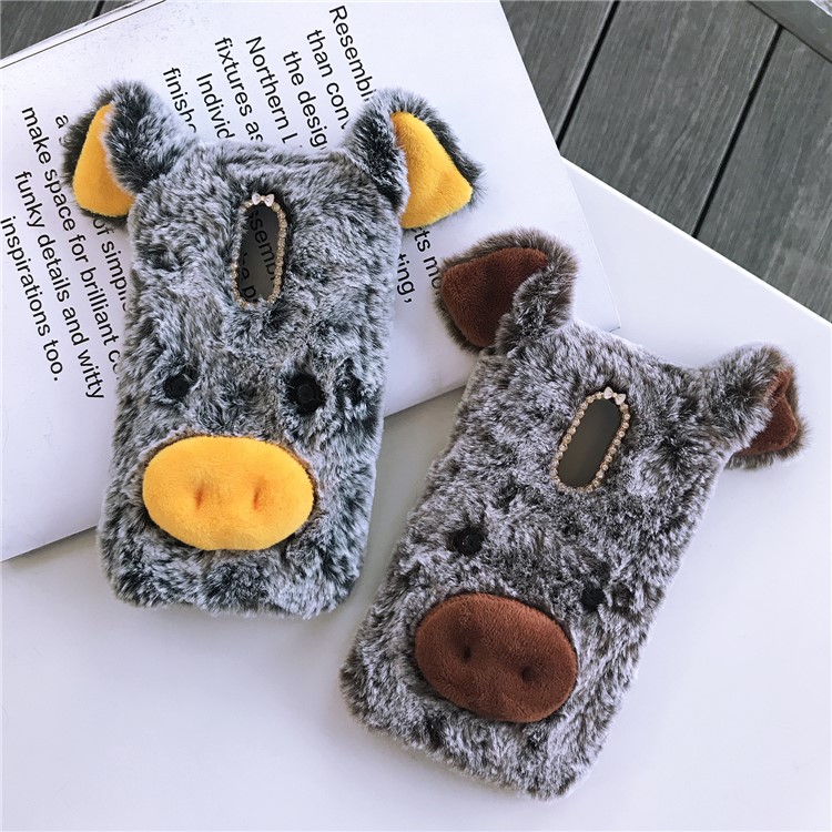 Cute Happy Pig Shape Fur Coated Soft TPU Cover for OnePlus 7 - Brown-5