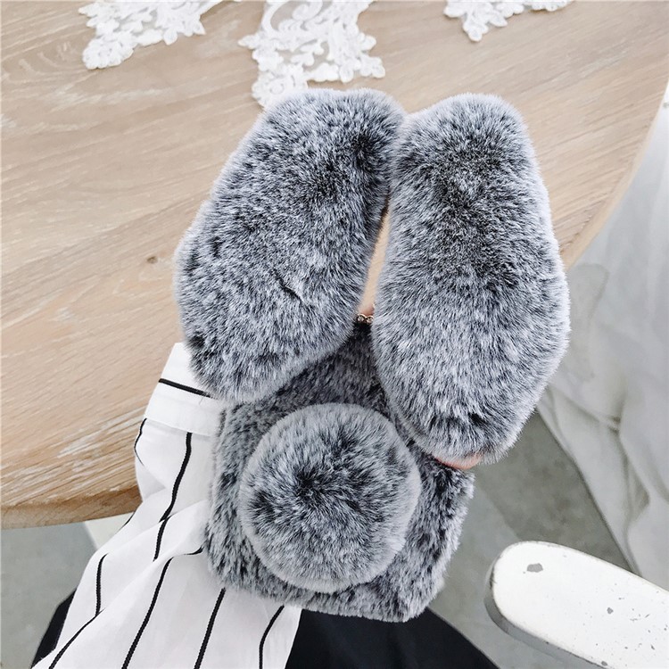 Adorable Long Ears Rabbit Shape Fur Coated Soft TPU Phone Case for OnePlus 7 - Dark Grey-1