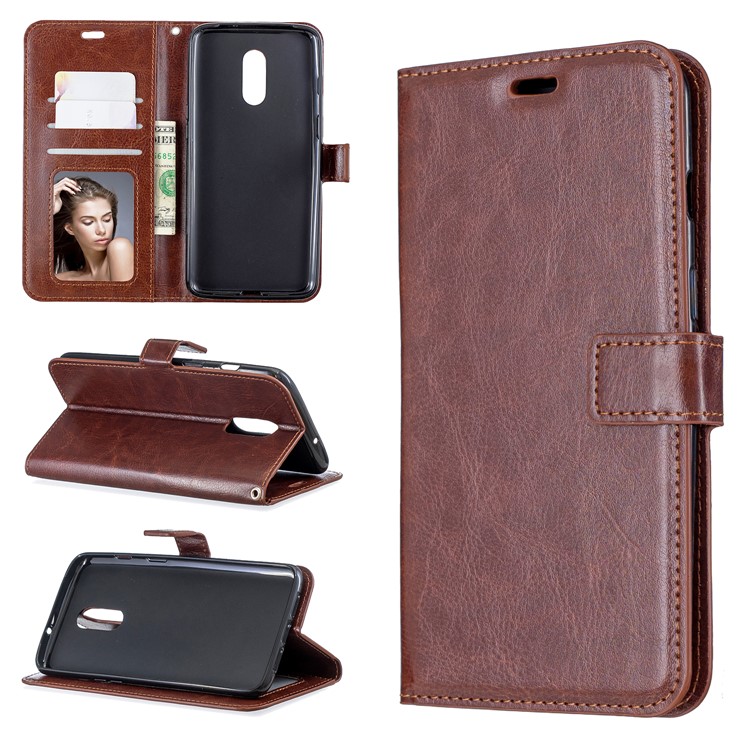 Crazy Horse Wallet Leather Stand Case for OnePlus 7 - Brown-1