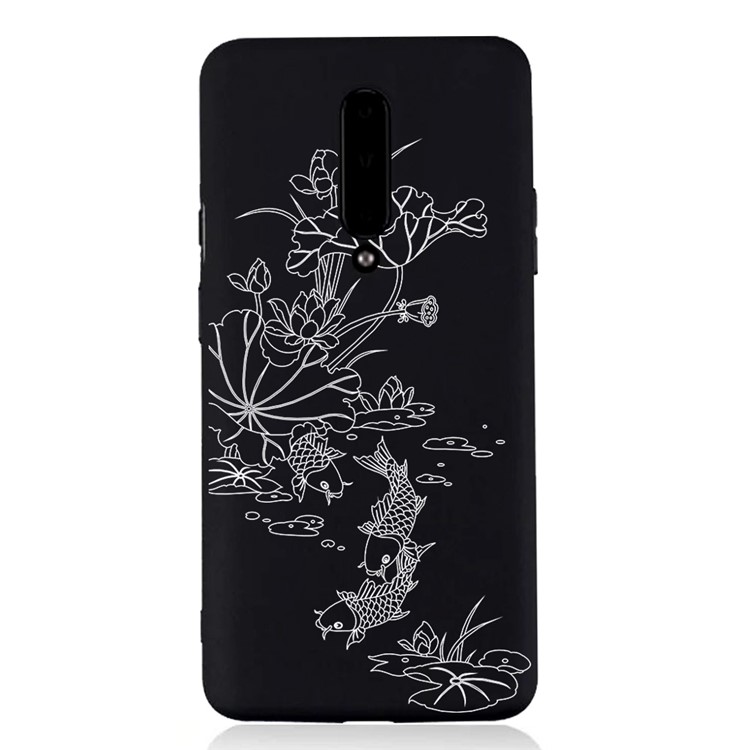 Embossment Pattern Printing TPU Phone Shell for OnePlus 7 Pro - Black / Lotus and Fish-1