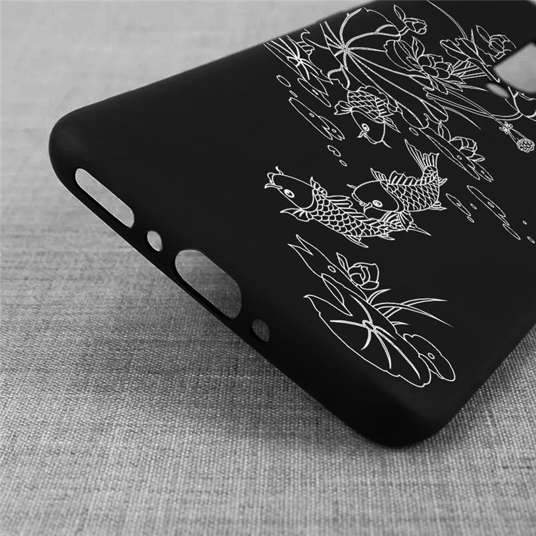 Embossment Pattern Printing TPU Phone Shell for OnePlus 7 Pro - Black / Lotus and Fish-4