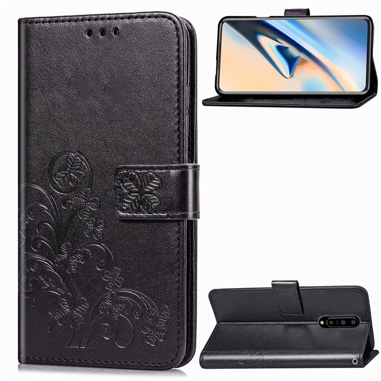 Imprint Four Leaf Clover Leather Wallet Stand Case with Strap for OnePlus 7 Pro - Black-1
