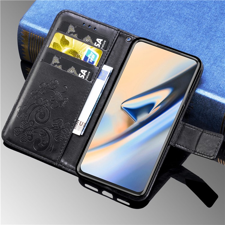 Imprint Four Leaf Clover Leather Wallet Stand Case with Strap for OnePlus 7 Pro - Black-11