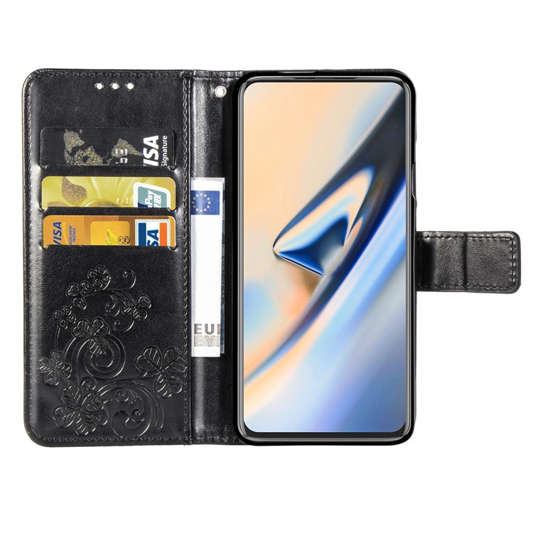 Imprint Four Leaf Clover Leather Wallet Stand Case with Strap for OnePlus 7 Pro - Black-4