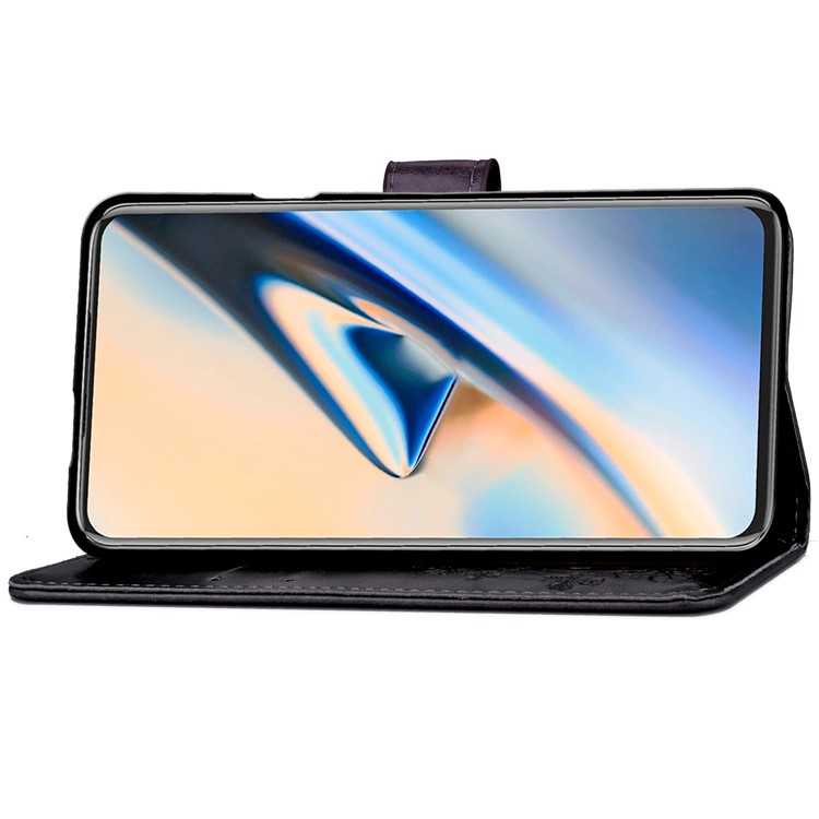Imprint Four Leaf Clover Leather Wallet Stand Case with Strap for OnePlus 7 Pro - Black-5