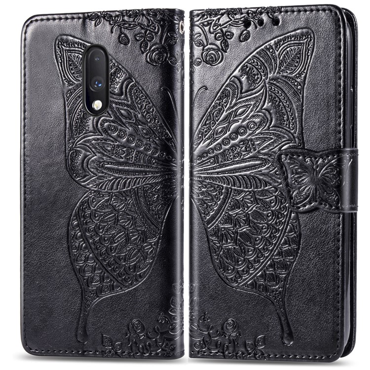 Dual-sided Imprint Butterfly Leather Wallet Stand Phone Case for OnePlus 7 - Black-1