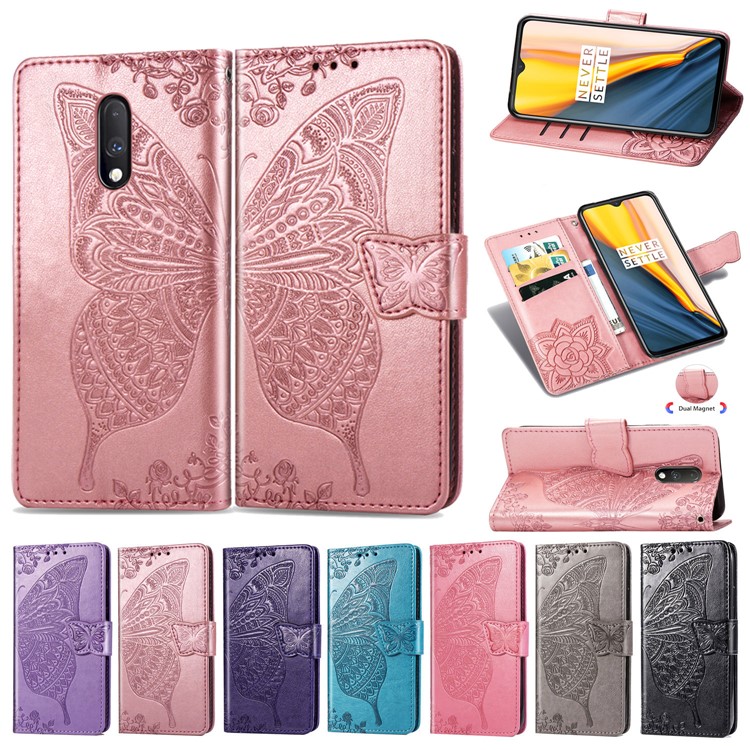Dual-sided Imprint Butterfly Leather Wallet Stand Phone Case for OnePlus 7 - Black-18