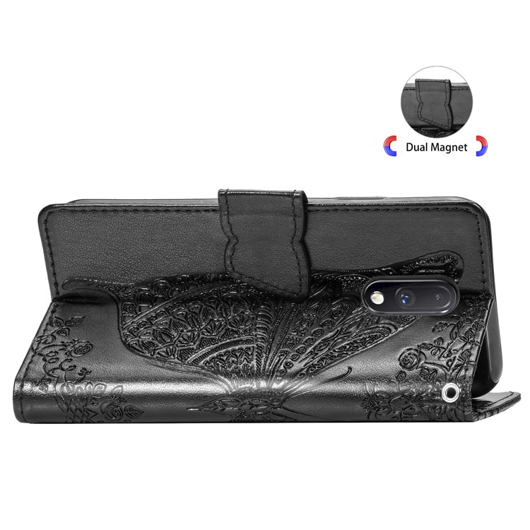 Dual-sided Imprint Butterfly Leather Wallet Stand Phone Case for OnePlus 7 - Black-6