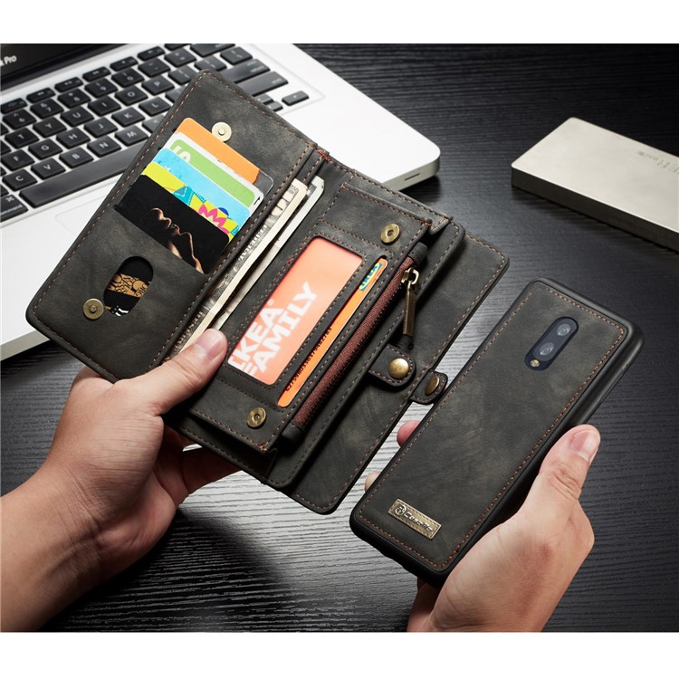 CASEME 008 Series for OnePlus 7 2-in-1 Multi-slot Wallet Vintage Split Leather Phone Case - Black