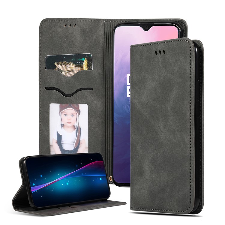 Auto-absorbed Business Style PU Leather Stand Phone Case with Card Slots for OnePlus 7 - Black-1