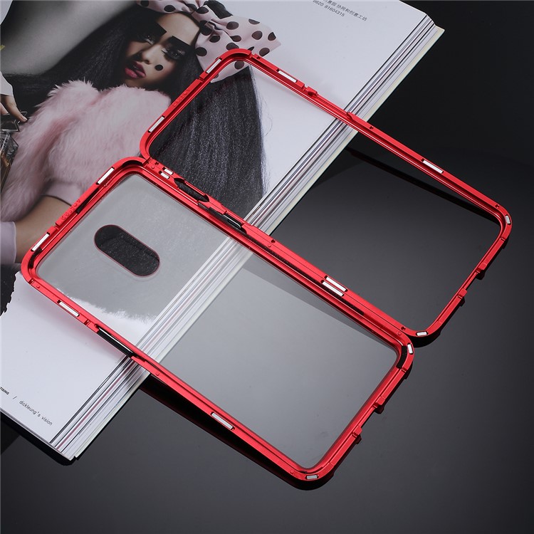 Detachable Arc Magnetic Attraction Metal Frame + Tempered Glass Cover Protection Cell Phone Case for OnePlus 7 - Red-9