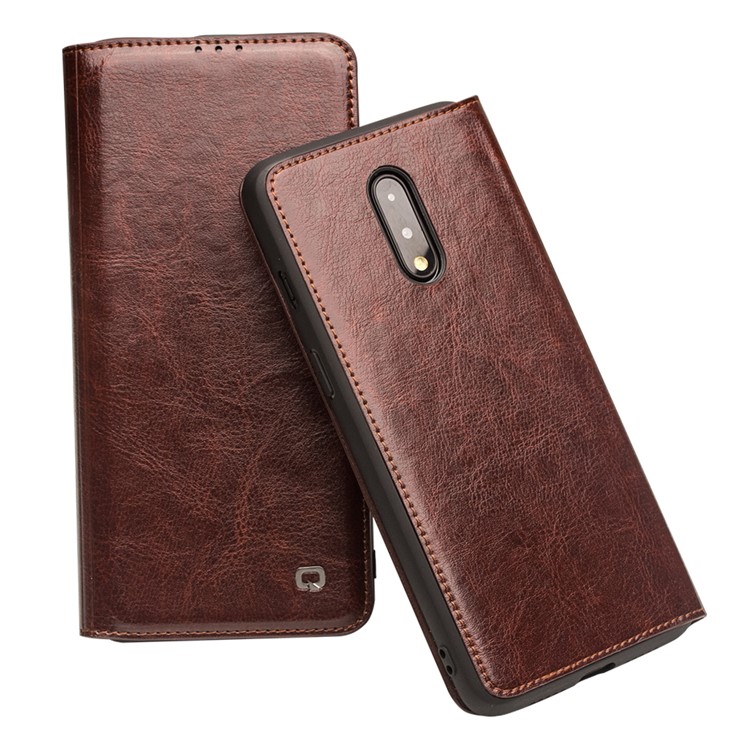 QIALINO Caixa De Couro Genuíno Clássico Com Slot Para Cartão Para Oneplus 7 - Castanho-3