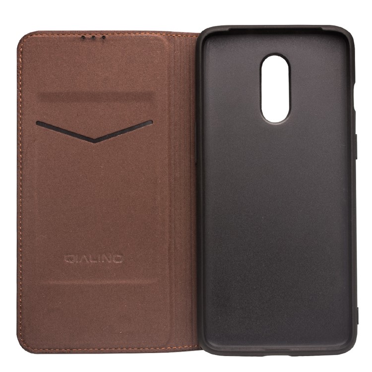 QIALINO Caixa De Couro Genuíno Clássico Com Slot Para Cartão Para Oneplus 7 - Castanho-4