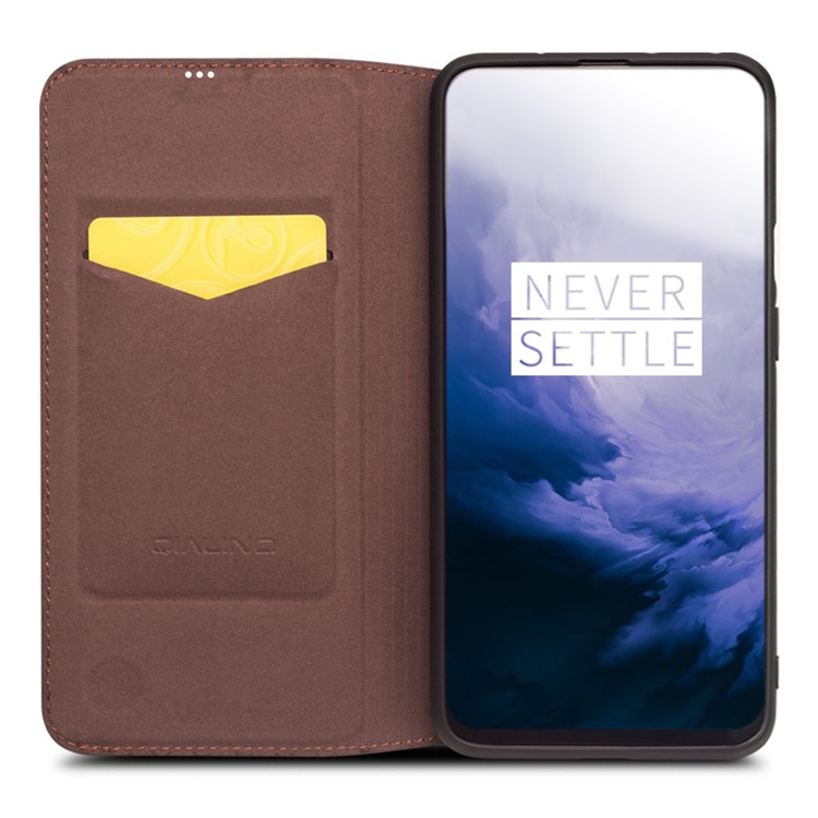 QIALINO Caixa De Couro Genuíno Clássico Com Slot Para Cartão Para Oneplus 7 - Castanho-5