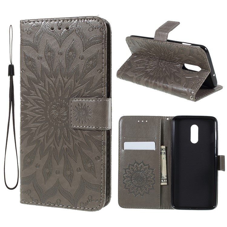 Sunflower Imprinting Leather Phone Casing for OnePlus 7 / 6T - Grey-1