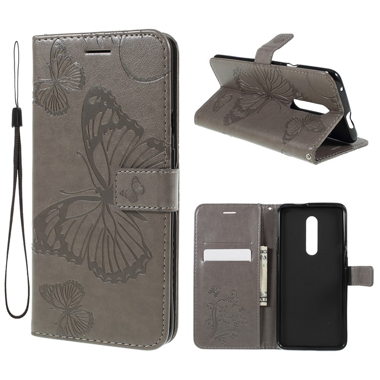 Imprint Butterfly Leather Wallet Case for OnePlus 7 Pro - Grey-1